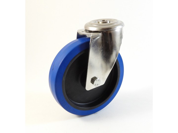 Roulette inox à trou central, Roue à bandage caoutchouc élastique bleu non marquant, jante polyamide (série I200/LB)