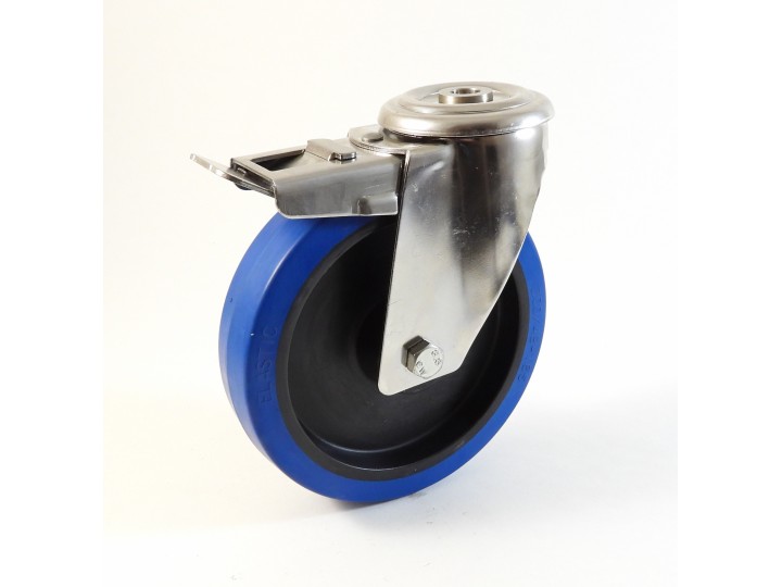Roulette inox à trou central, Roue à bandage caoutchouc élastique bleu non marquant, jante polyamide (série I200/LB)