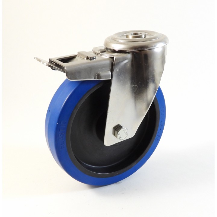Roulette inox à trou central, Roue à bandage caoutchouc élastique bleu non marquant, jante polyamide (série I200/LB)