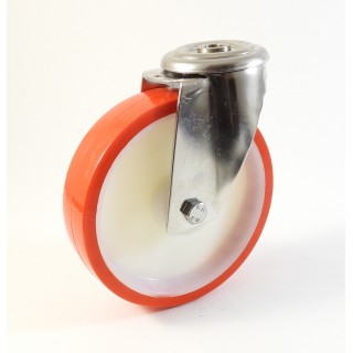 Roulette inox à trou central, Roue à bandage polyuréthane injecté rouge, jante polyamide (série I200/N)