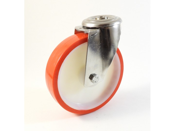 Roulette inox à trou central, Roue à bandage polyuréthane injecté rouge, jante polyamide (série I200/N)