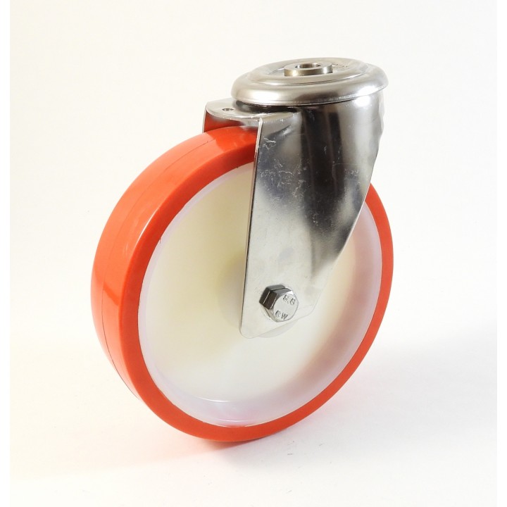 Roulette inox à trou central, Roue à bandage polyuréthane injecté rouge, jante polyamide (série I200/N)