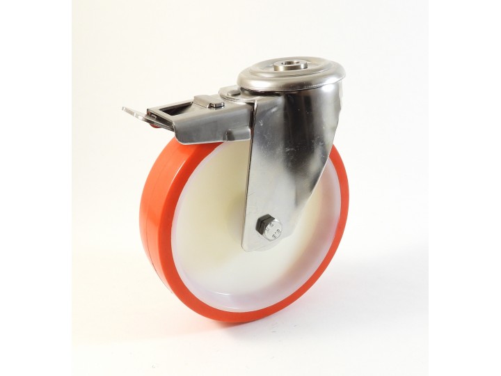 Roulette inox à trou central, Roue à bandage polyuréthane injecté rouge, jante polyamide (série I200/N)