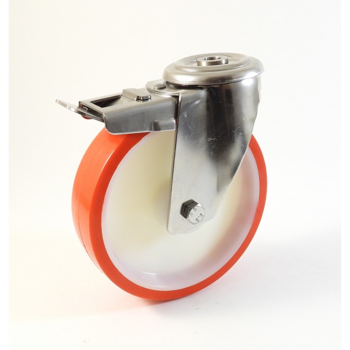Roulette inox à trou central, Roue à bandage polyuréthane injecté rouge, jante polyamide (série I200/N)