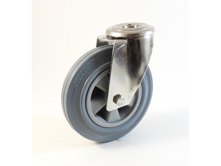 Roulette inox à trou central, Roue à bandage caoutchouc gris non marquant, jante polypropylène (série I200/DG)