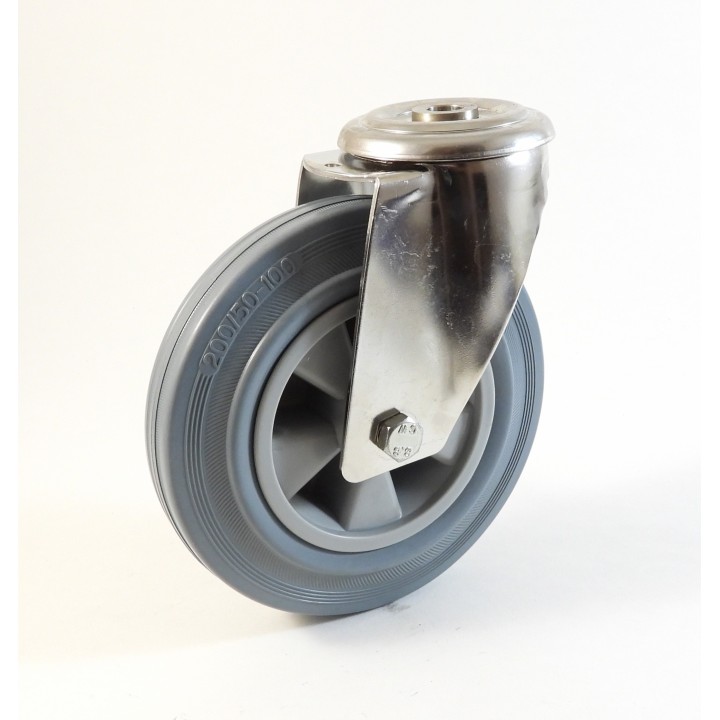 Roulette inox à trou central, Roue à bandage caoutchouc gris non marquant, jante polypropylène (série I200/DG)