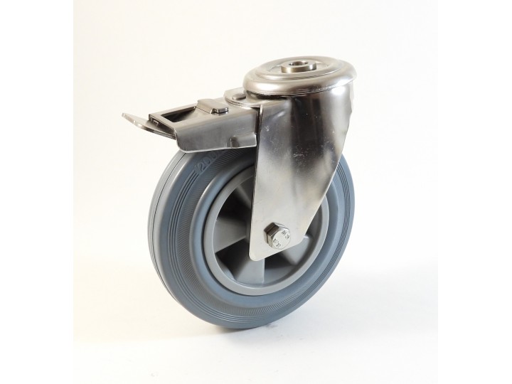 Roulette inox à trou central, Roue à bandage caoutchouc gris non marquant, jante polypropylène (série I200/DG)