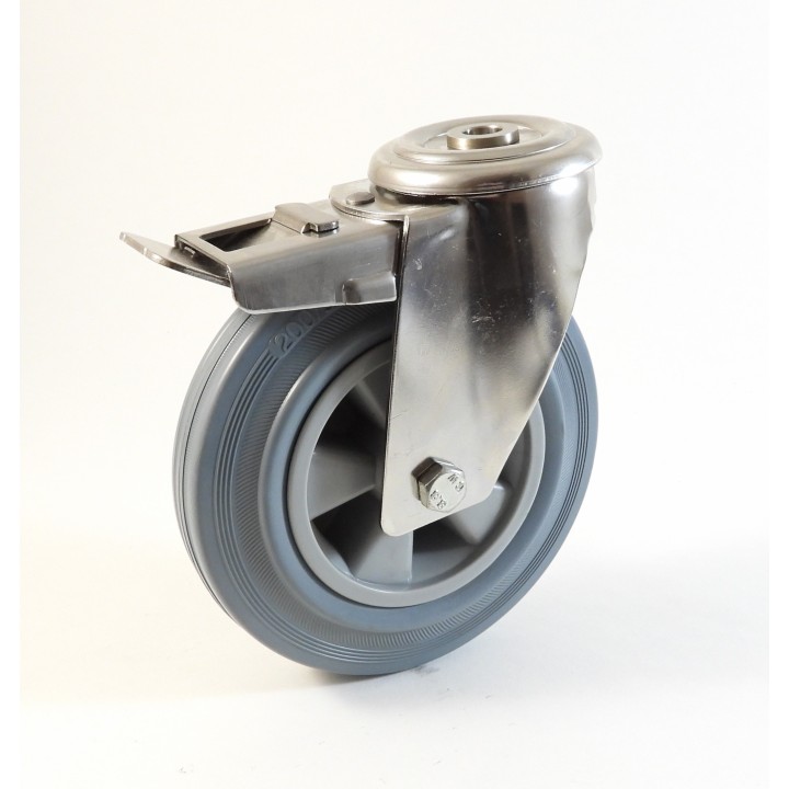 Roulette inox à trou central, Roue à bandage caoutchouc gris non marquant, jante polypropylène (série I200/DG)