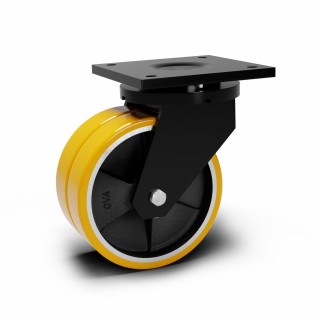 Roulette à platine extra renforcé, Roue jumelée à bandage polyuréthane coulé jaune, jante fonte, (série 80/Z)
