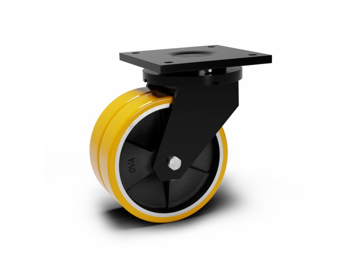 Roulette à platine extra renforcé, Roue jumelée à bandage polyuréthane coulé jaune, jante fonte, (série 80/Z)
