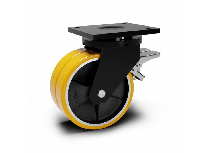 Roulette à platine extra renforcé, Roue jumelée à bandage polyuréthane coulé jaune, jante fonte, (série 80/Z)