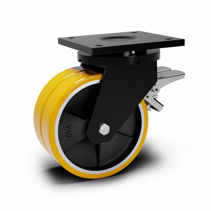 Roulette à platine extra renforcé, Roue jumelée à bandage polyuréthane coulé jaune, jante fonte, (série 80/Z)