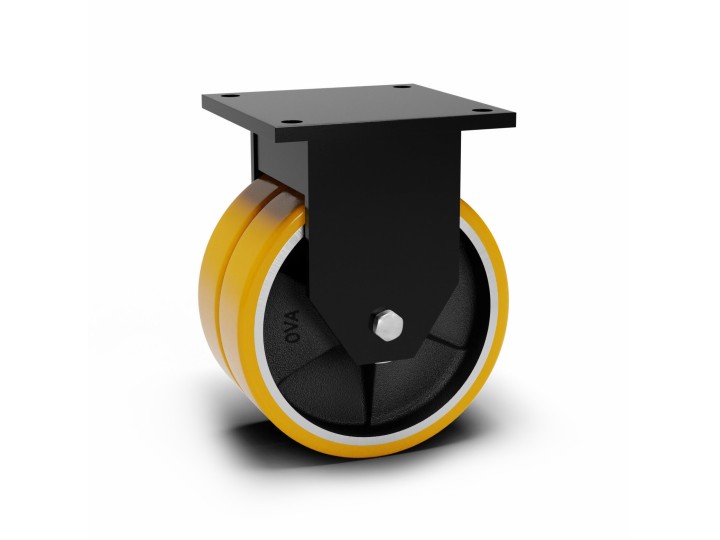 Roulette à platine extra renforcé, Roue jumelée à bandage polyuréthane coulé jaune, jante fonte, (série 80/Z)