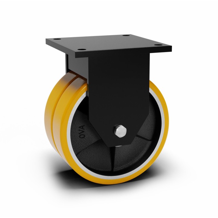 Roulette à platine extra renforcé, Roue jumelée à bandage polyuréthane coulé jaune, jante fonte, (série 80/Z)