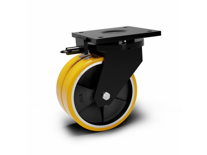 Roulette à platine extra renforcé, Roue jumelée à bandage polyuréthane coulé jaune, jante fonte, (série 80/Z)