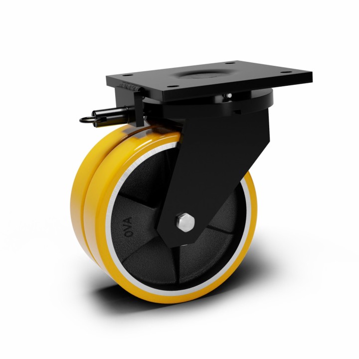 Roulette à platine extra renforcé, Roue jumelée à bandage polyuréthane coulé jaune, jante fonte, (série 80/Z)