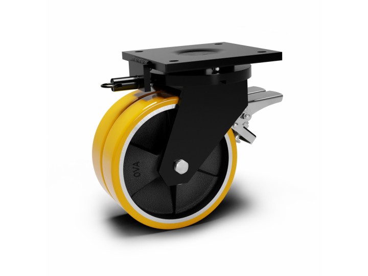 Roulette à platine extra renforcé, Roue jumelée à bandage polyuréthane coulé jaune, jante fonte, (série 80/Z)