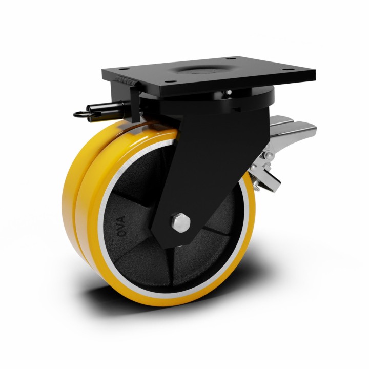 Roulette à platine extra renforcé, Roue jumelée à bandage polyuréthane coulé jaune, jante fonte, (série 80/Z)