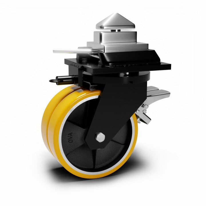 Roulette à platine extra renforcé, pour container ISO, Roue jumelée à bandage polyuréthane coulé jaune, (série 80/ZCO)