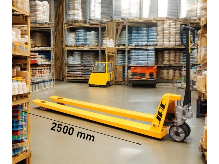 Transpalette manuel renforcé, fourches 2500x540 mm, charge 2000 Kg.
