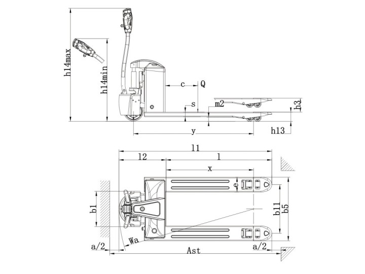 Transpalette tout électrique semi compact, avec roulettes stabilisatrices, charge 2000 Kg