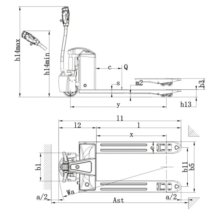 Transpalette tout électrique semi compact, avec roulettes stabilisatrices, charge 2000 Kg